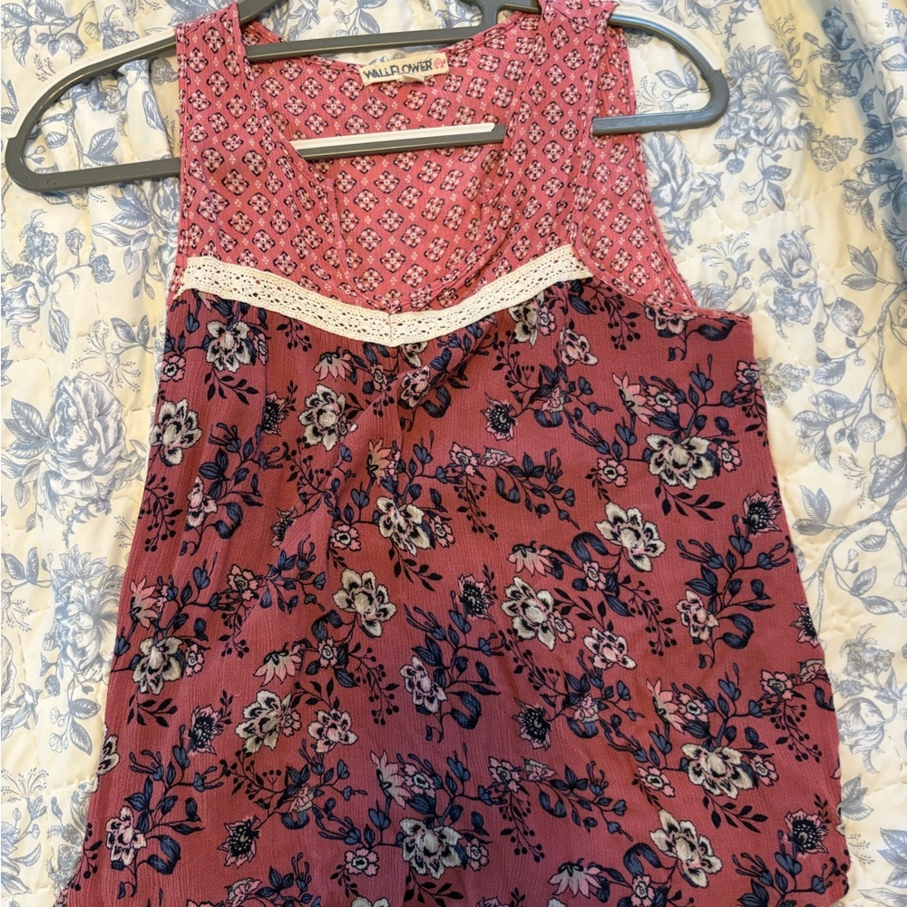 Wallflower Pink and Blue Floral Tank Top with Lace Trim